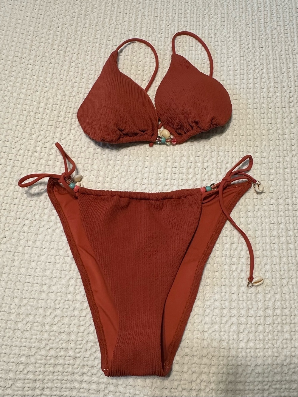Rust Red Triangle Top Bikini w/ Halter Tie Neck and Tie sides on Bottom w beads - Picture 2 of 5
